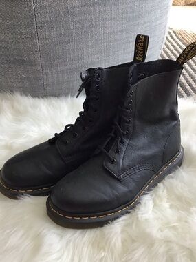 Dr. Martens Black Leather 8-Eye Lace-Up Boots with Yellow Stitching